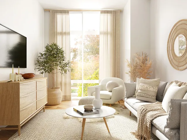 A bright, comfortable living room in a shared home